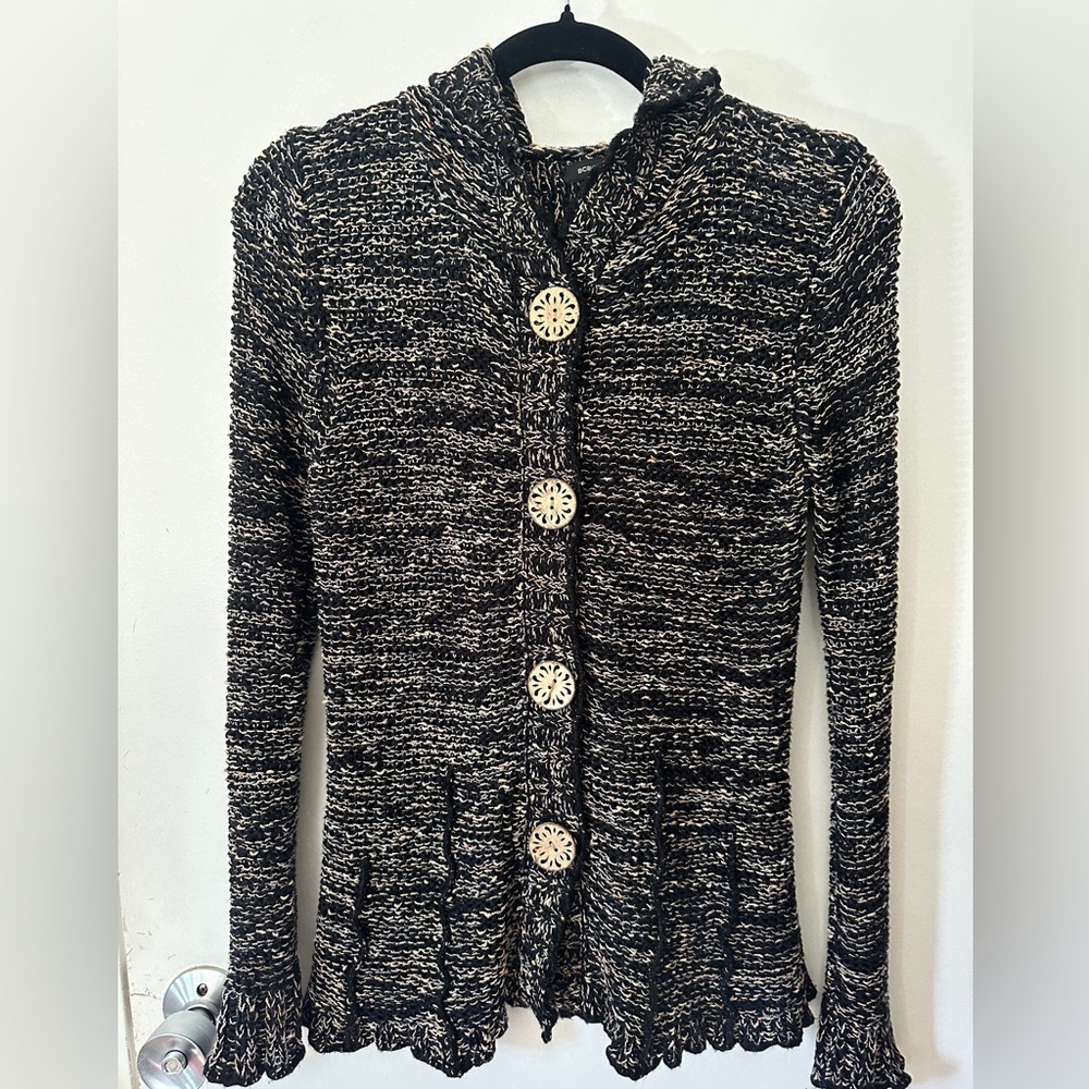 BCBGMaxAzria Black and Cream Knit Button-Front Cardigan Y2K